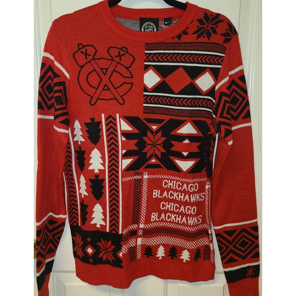 NHL Chicago Blackhawks Ugly Christmas Sweater Crew Neck Holiday Party Sz Small